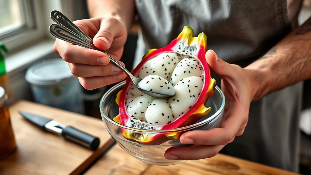 dragon fruit recipes -
Photorealistic hands holding a ripe dragon fruit while scooping creamy white fl
