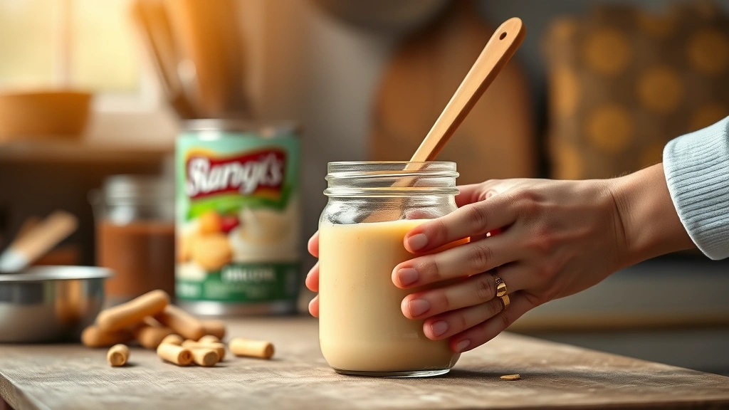 dulce de leche recipe -
photorealistic hands using wooden spoon to stir dulce de leche in glass jar, wo