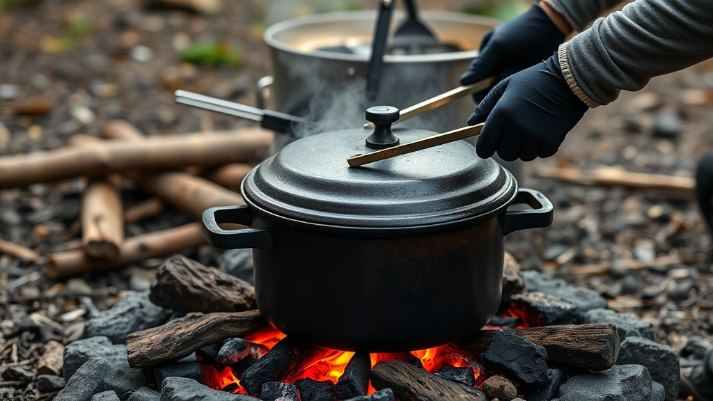 dutch oven camping recipes -
Photorealistic hands using tongs to manage hot coals around a Dutch oven at a c