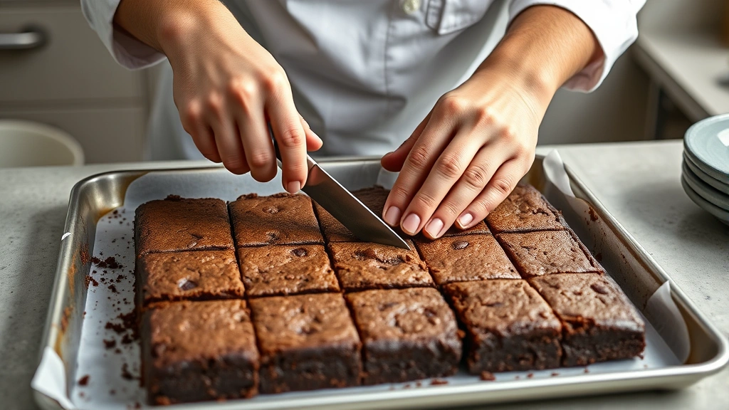 easy dessert recipes to feed a crowd -
Photorealistic hands carefully cutting brownies into uniform squares on a sheet