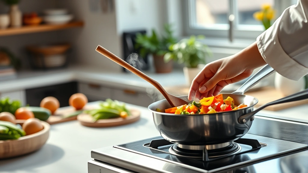 easy dinner recipes for one -
Photorealistic hands actively cooking in a bright kitchen, chef using a wooden 