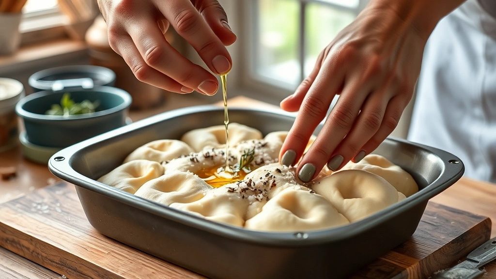 easy focaccia bread recipe -
Photorealistic hands pressing dimples into focaccia dough in oiled baking pan, 