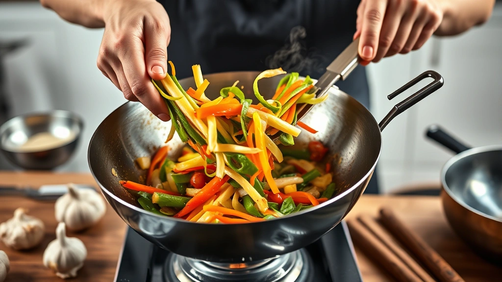 easy gluten free dinner recipes -
photorealistic hands tossing vegetables in a hot wok during stir-fry preparatio
