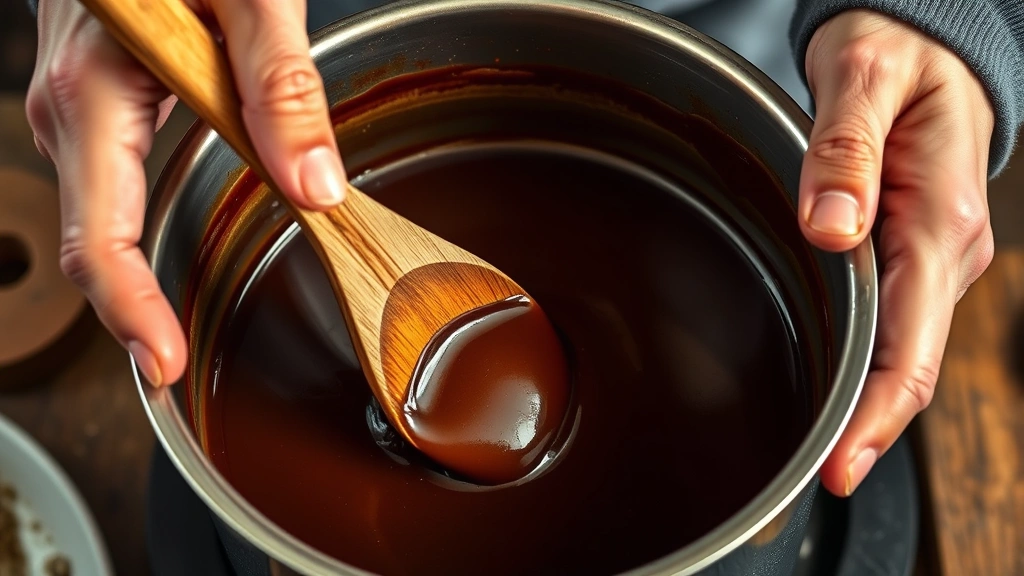 easy gumbo recipe -
Photorealistic close-up of hands stirring a chocolate-brown roux in a heavy-bot