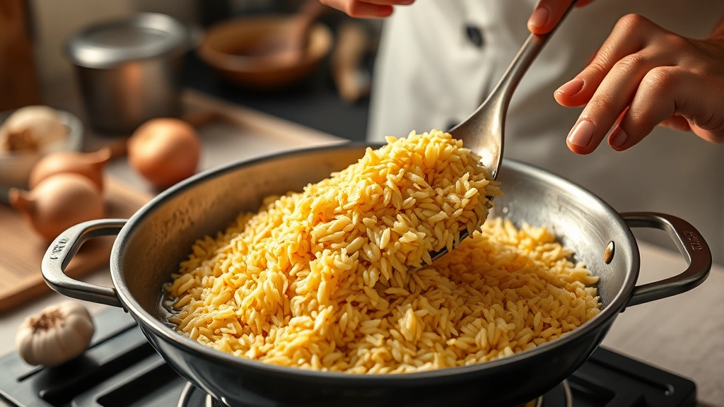 easy mexican rice recipes -
Photorealistic hands stirring golden-toasted rice grains in hot oil in a heavy-