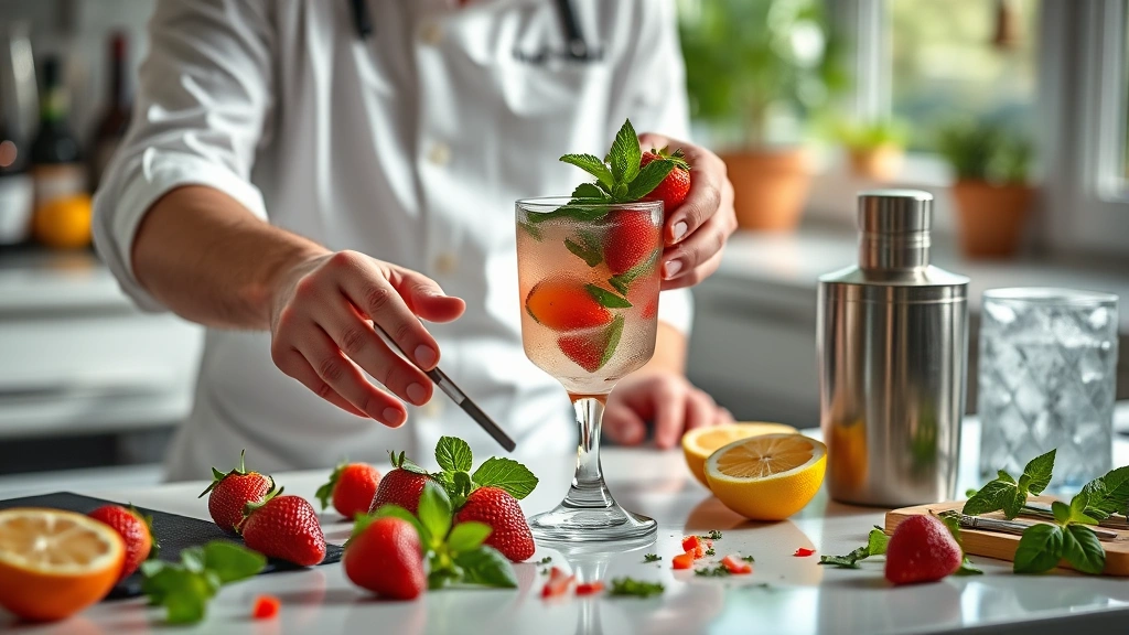 easy mocktail recipes -
Photorealistic hands working in a bright kitchen, bartender muddling fresh mint