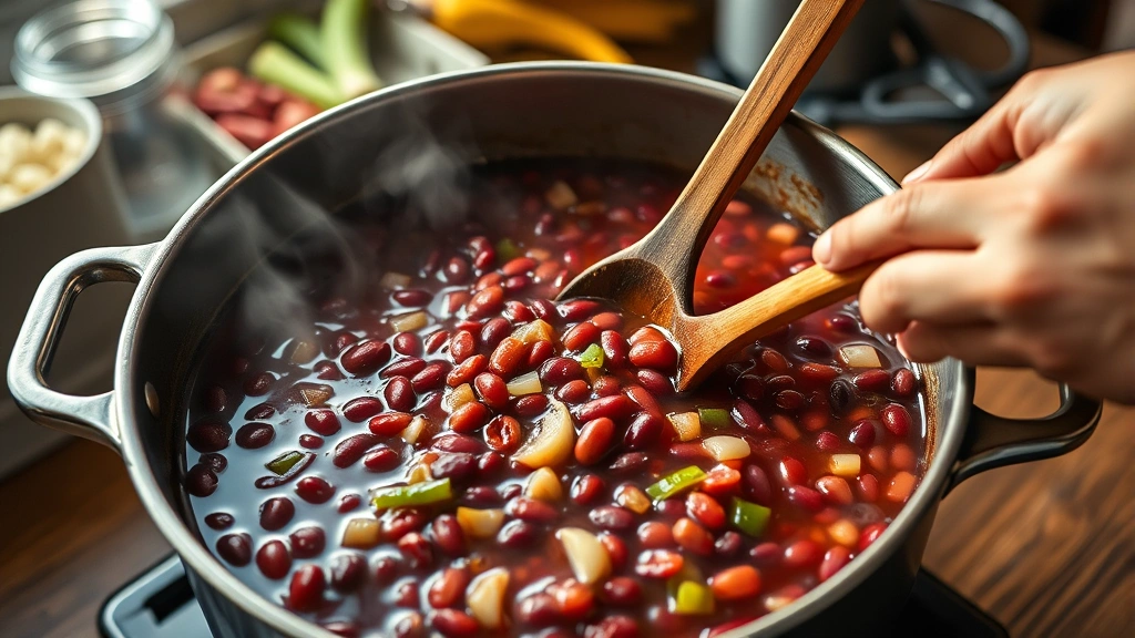 easy red beans and rice recipe -
photorealistic hands stirring red beans in large pot, diced onions celery and b