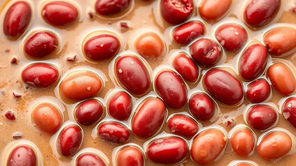 easy red beans and rice recipe -
photorealistic close-up macro of individual red beans in creamy broth, sharp fo