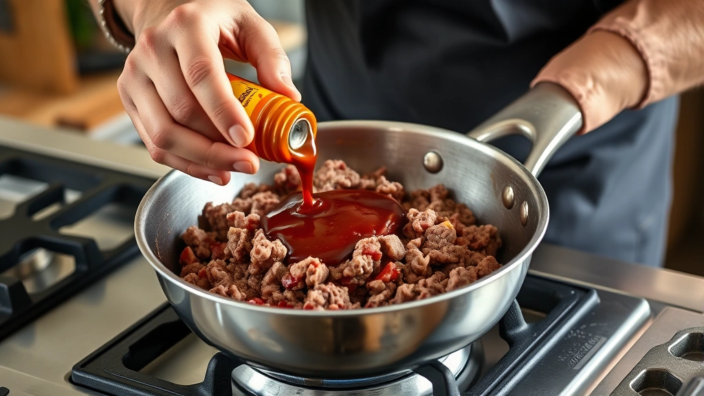 easy sloppy joe recipe 3 ingredients -
Photorealistic hands stirring ground beef in a stainless steel skillet over sto