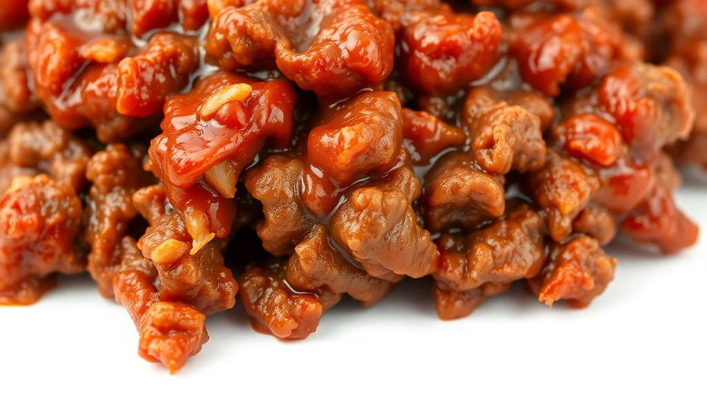 easy sloppy joe recipe 3 ingredients -
Photorealistic close-up macro photography of sloppy joe sauce coating ground be