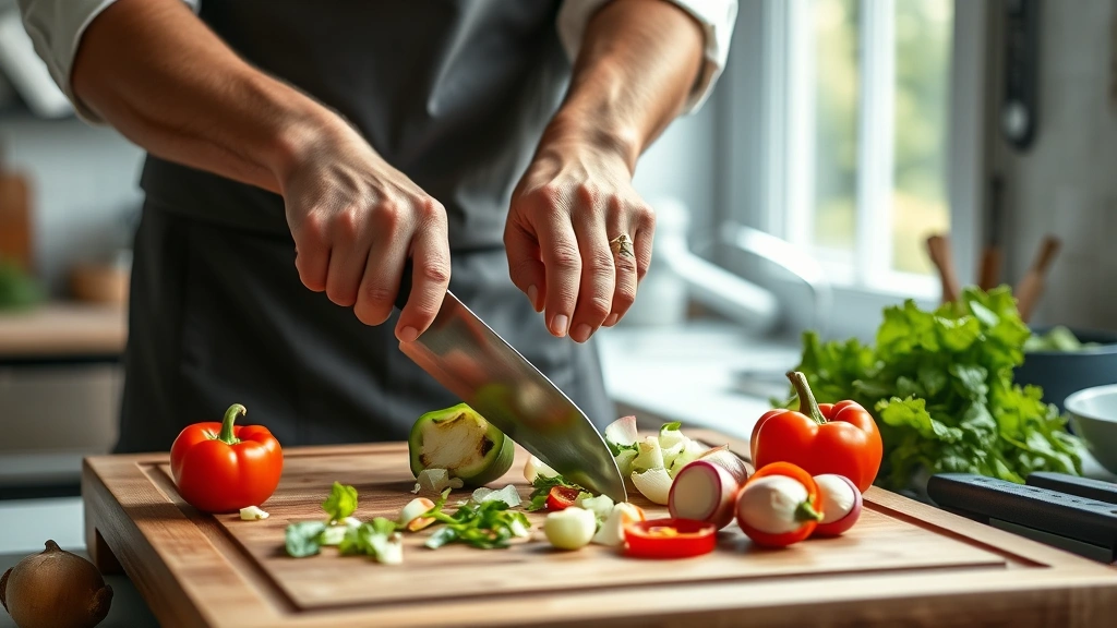 easy vegan dinner recipes -
Photorealistic hands chopping fresh vegetables on a wooden cutting board in a b