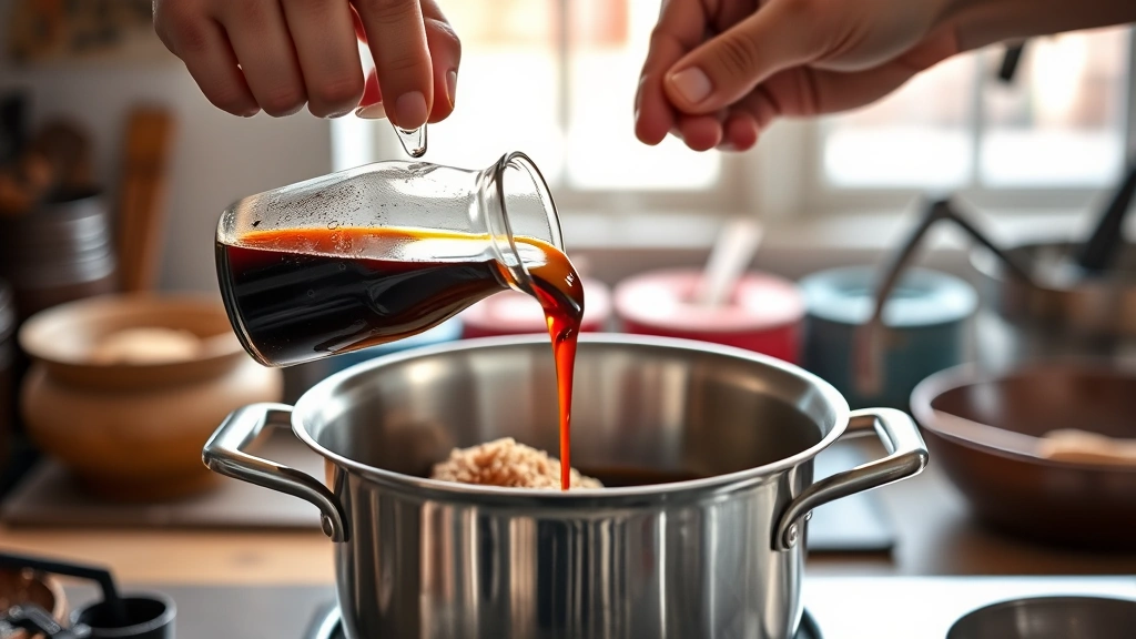eel sauce recipe -
Photorealistic hands pouring soy sauce into a stainless steel saucepan with bro