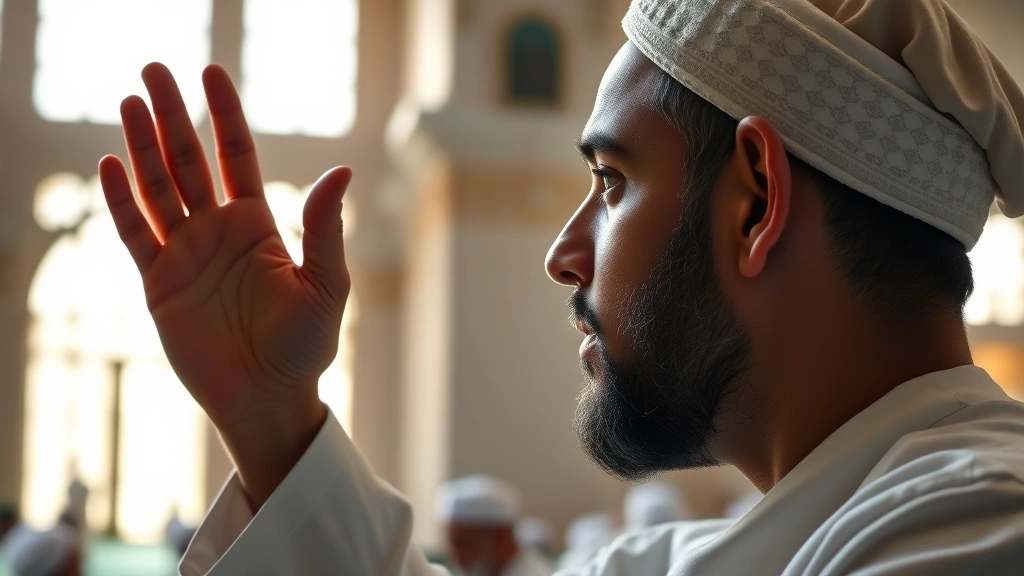eid ul fitr how to pray -
Photorealistic close-up of hands performing takbir gesture during Eid prayer, m