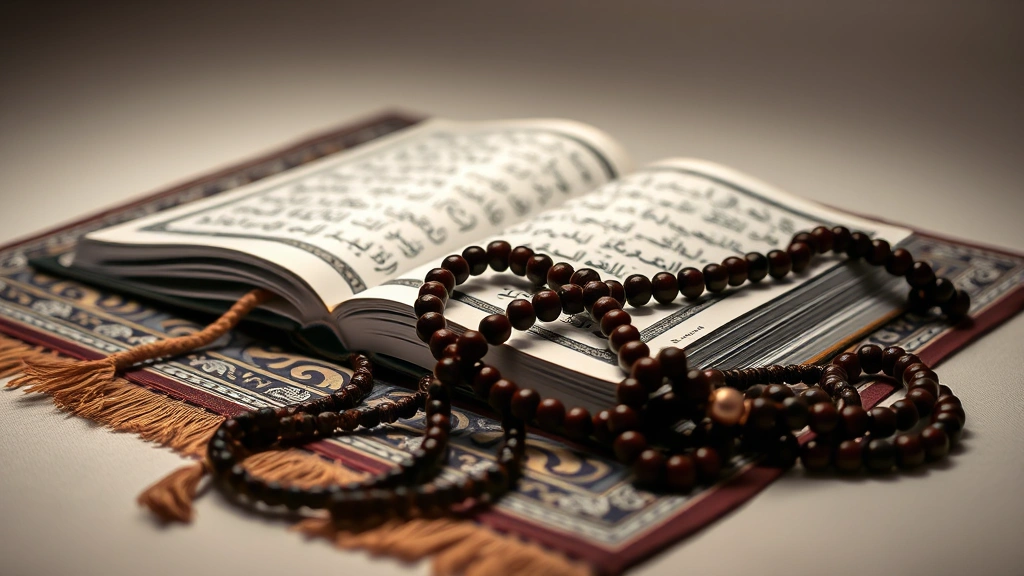 eid ul fitr how to pray -
Photorealistic macro photography of prayer beads (tasbih) resting on prayer mat