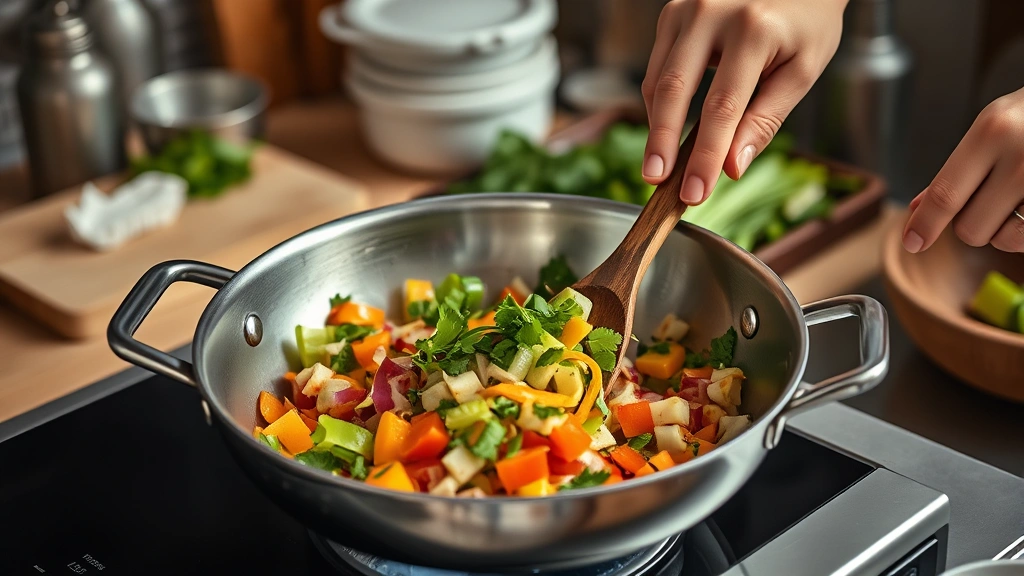 electric skillet recipes -
Photorealistic hands working in a stainless steel electric skillet, tossing veg