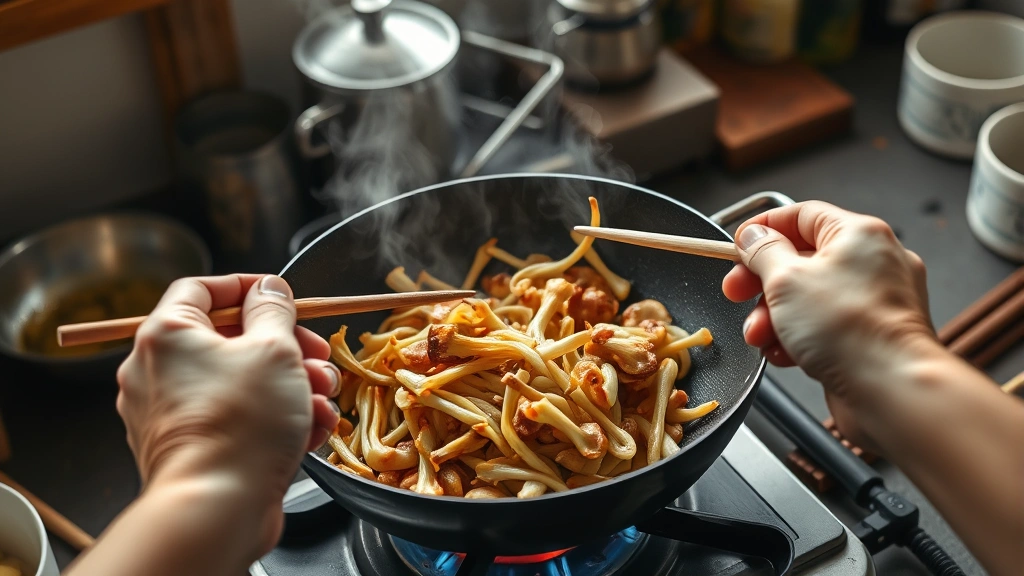 enoki mushroom recipe -
Photorealistic hands using wooden chopsticks to stir enoki mushrooms in a wok o