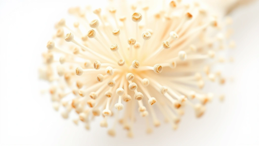 enoki mushroom recipe -
Photorealistic macro close-up of raw enoki mushroom cluster showing delicate th