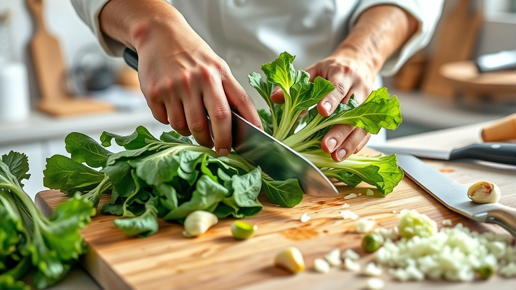 escarole and beans recipe -
Photorealistic hands chopping fresh escarole greens on wooden cutting board wit