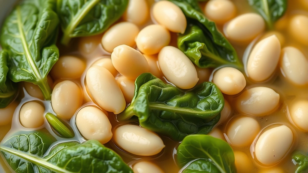 escarole and beans recipe -
Photorealistic close-up macro photography of creamy white cannellini beans and 