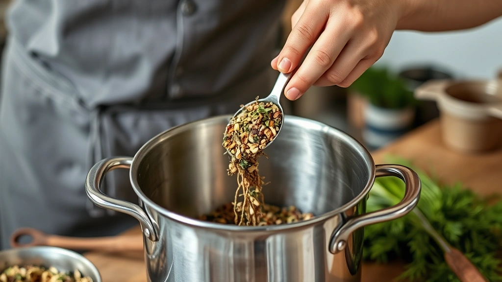 essiac tea recipe -
Photorealistic hands working pouring dried herbs into a stainless steel pot, wo