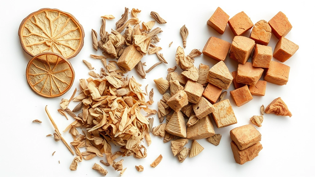 essiac tea recipe -
Photorealistic close-up macro photography of the four dried herbs separated &#8