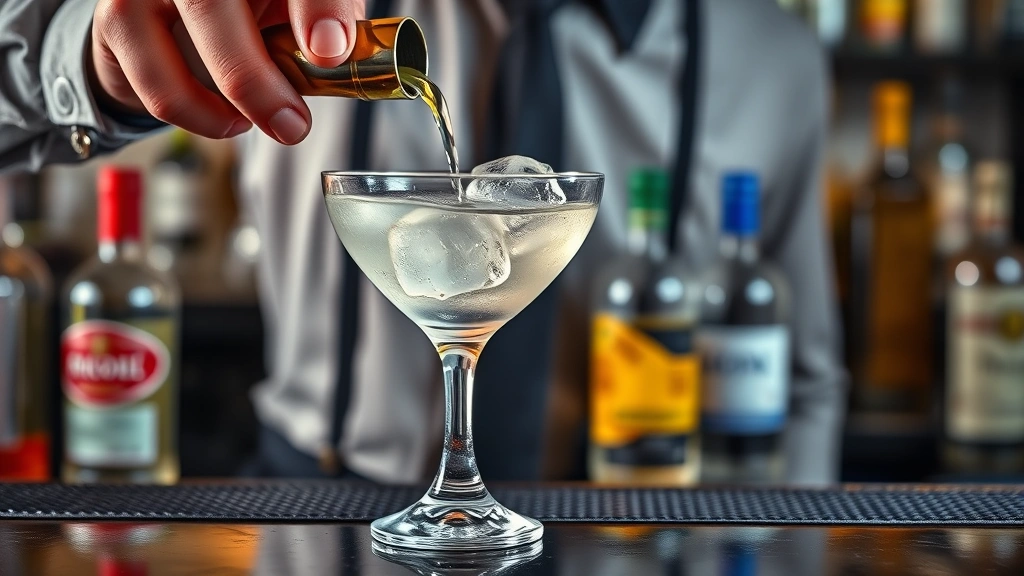 extra dirty martini recipe -
photorealistic hands of bartender stirring martini in a mixing glass with large