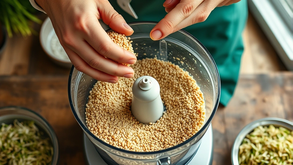 ezekiel bread recipe -
photorealistic hands processing sprouted grains in food processor, workshop kit