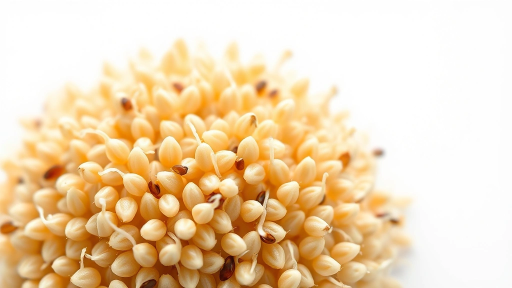 ezekiel bread recipe -
photorealistic close-up macro shot of sprouted grain cluster showing tiny white