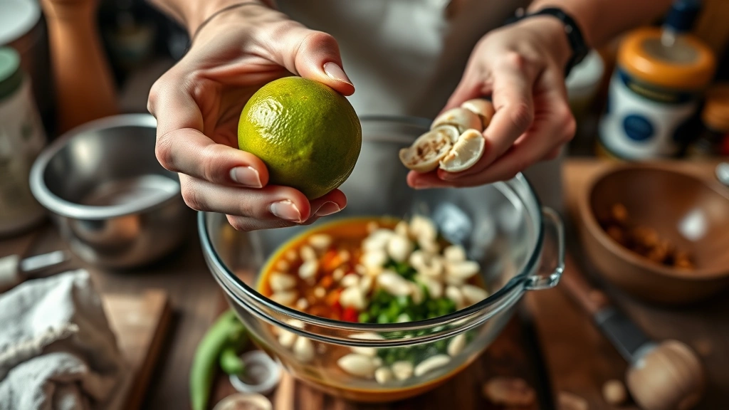 fajita marinade recipe -
Photorealistic hands holding fresh lime and mincing garlic cloves over a mixing