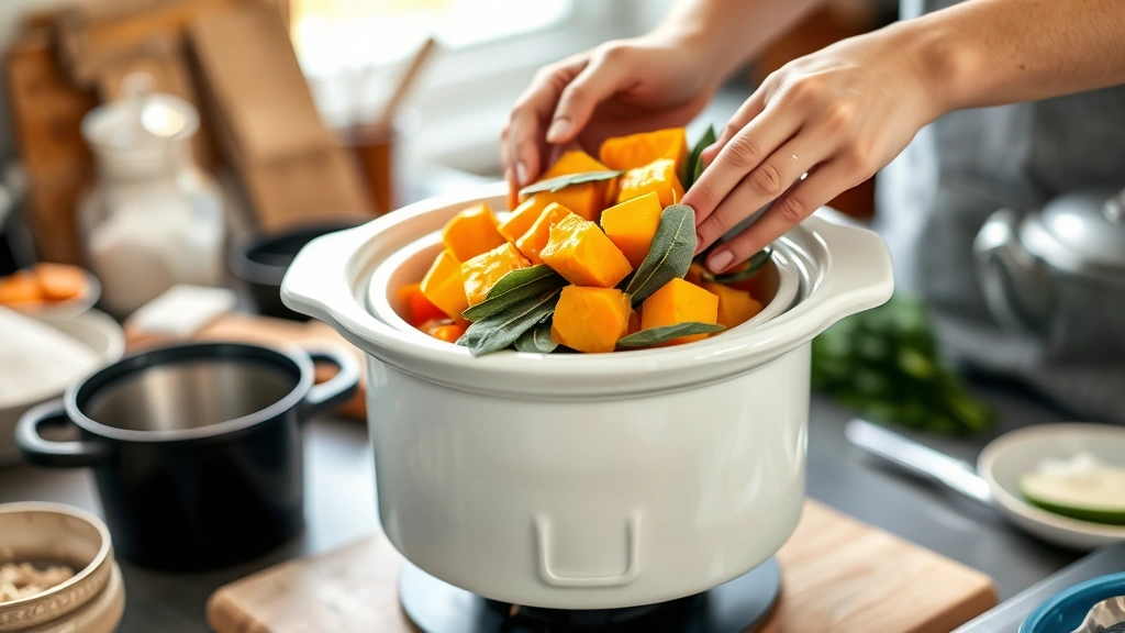 fall crockpot recipes -
photorealistic hands carefully layering fresh butternut squash cubes and sage l