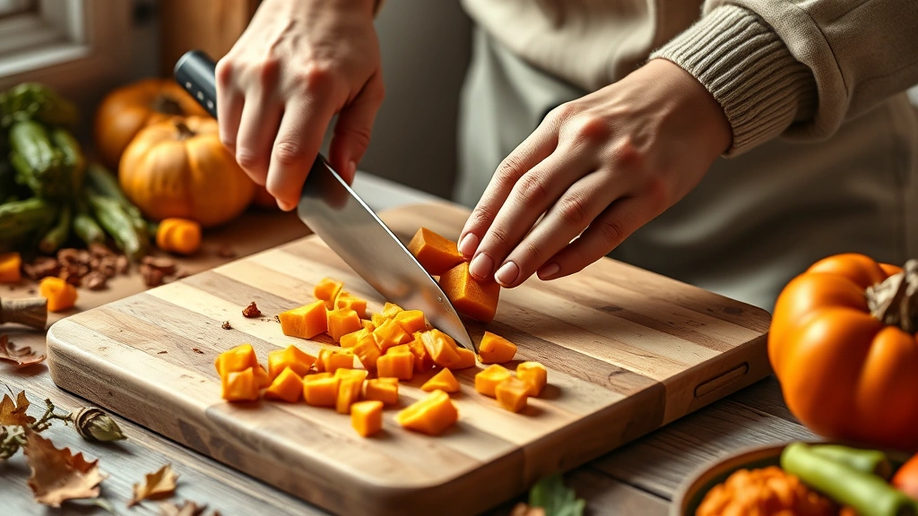 fall recipes -
photorealistic hands preparing fall recipes: hands dicing butternut squash on w