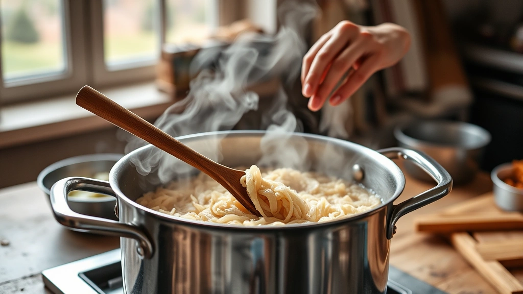 farro recipe -
Photorealistic hands stirring farro in a large stainless steel pot during cooki