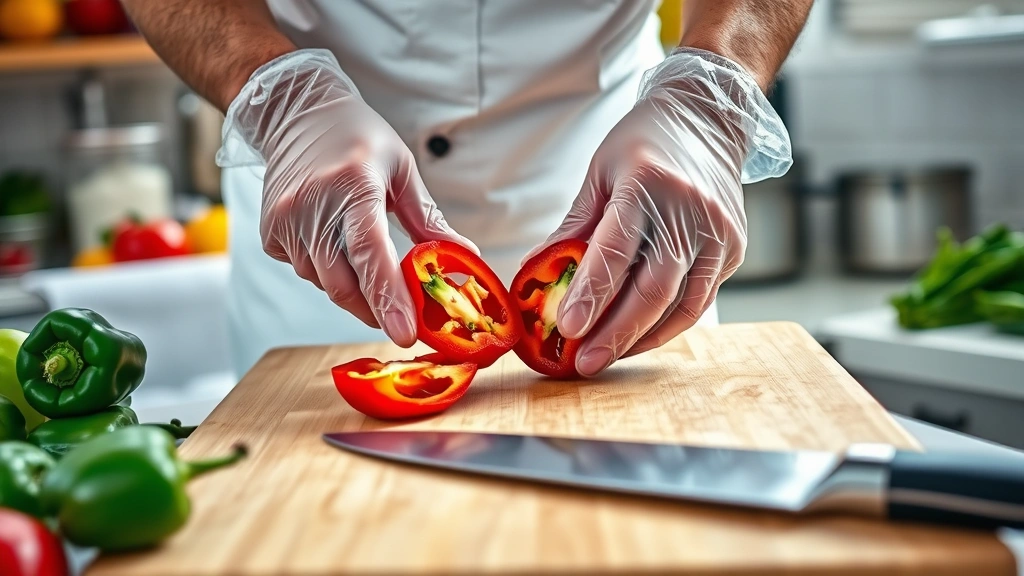 fermented hot sauce recipe -
Photorealistic hands wearing clear gloves carefully halving fresh red peppers o