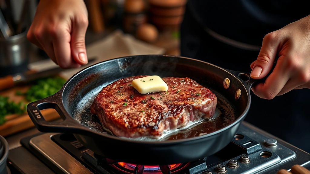 filet mignon recipes -
Photorealistic hands searing filet mignon in cast-iron skillet over high heat,