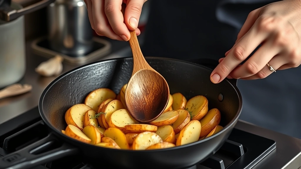 fingerling potatoes recipes -
Photorealistic hands using wooden spoon to flip golden fingerling potato slices
