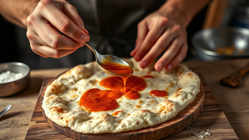 flatbread pizza recipe -
photorealistic hands spreading sauce on naan flatbread using the back of a spoo