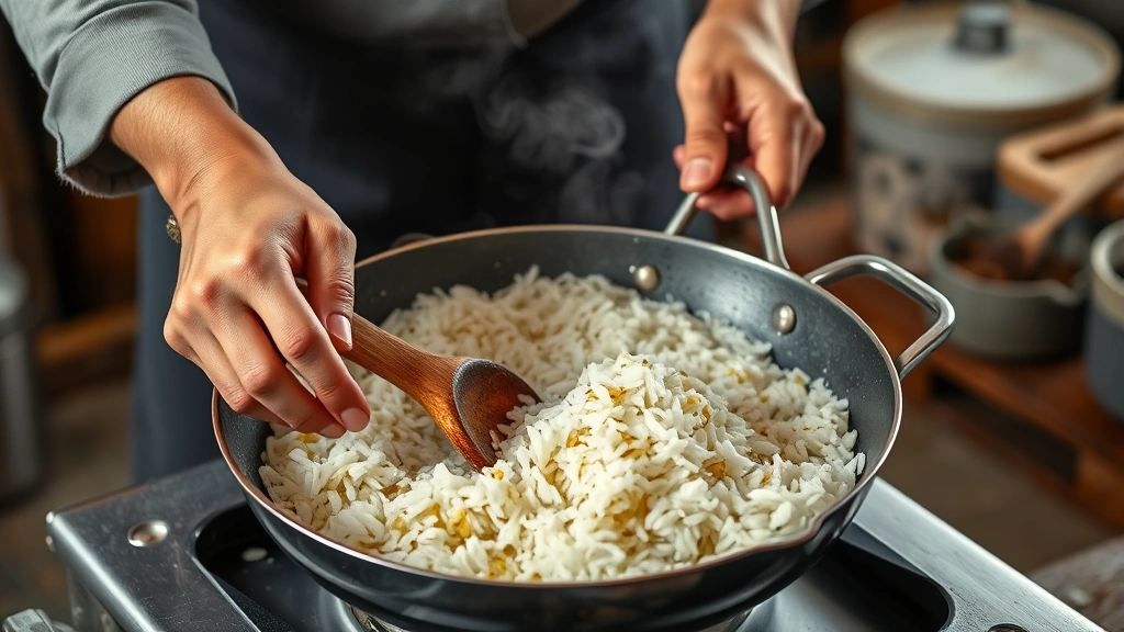 flavored rice recipes -
Photorealistic hands working in a kitchen, toasting rice in a hot pan with oil