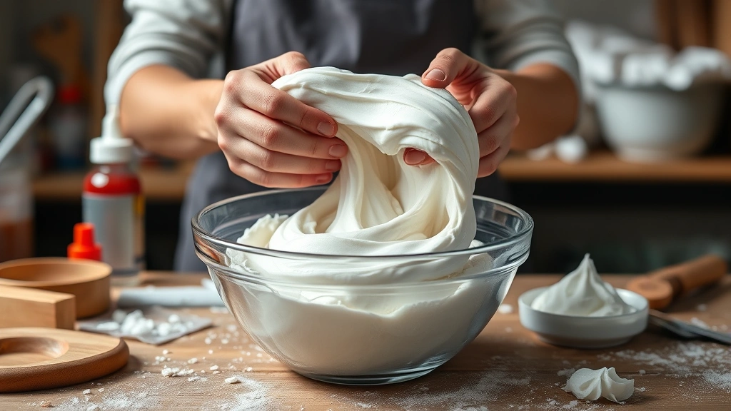 fluffy slime recipe -
Photorealistic hands kneading fluffy slime in a mixing bowl, shaving cream and
