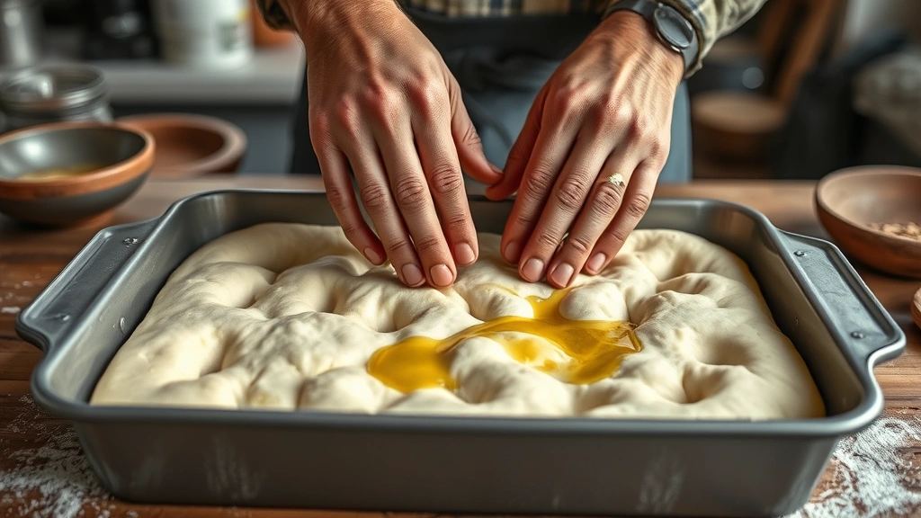 focaccia sourdough recipe -
Photorealistic hands pressing and dimpling focaccia dough in rectangular baking