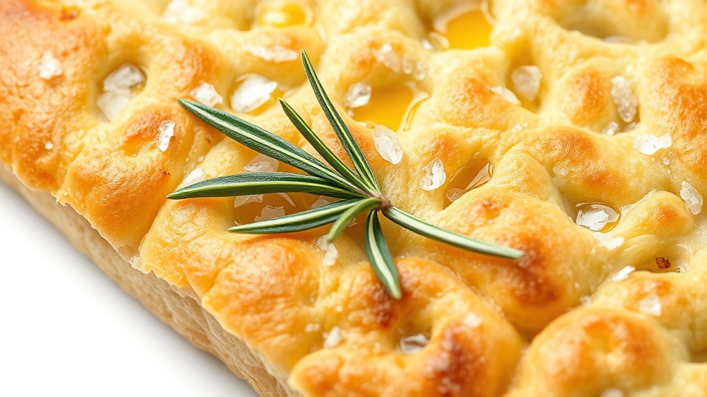 focaccia sourdough recipe -
Photorealistic close-up macro shot of focaccia surface showing dimples filled w