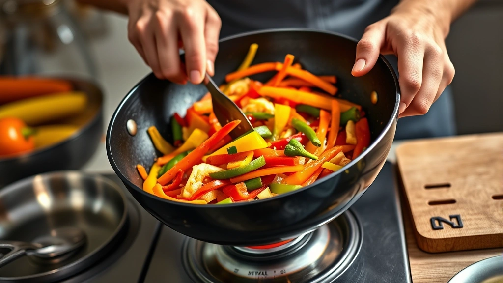 fodmap recipes -
Photorealistic hands preparing a low FODMAP stir-fry in a wok, slicing colorful