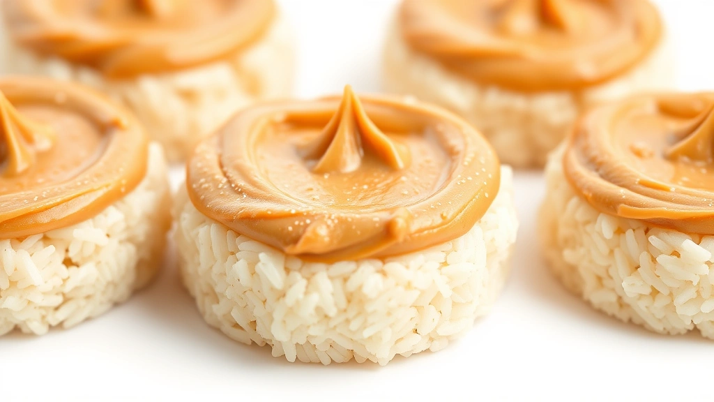 fodmap recipes -
Photorealistic close-up macro shot of fresh rice cakes with creamy peanut butte