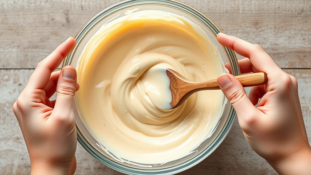 frangipane recipe -
Photorealistic hands holding wooden spoon mixing creamy pale frangipane in glas