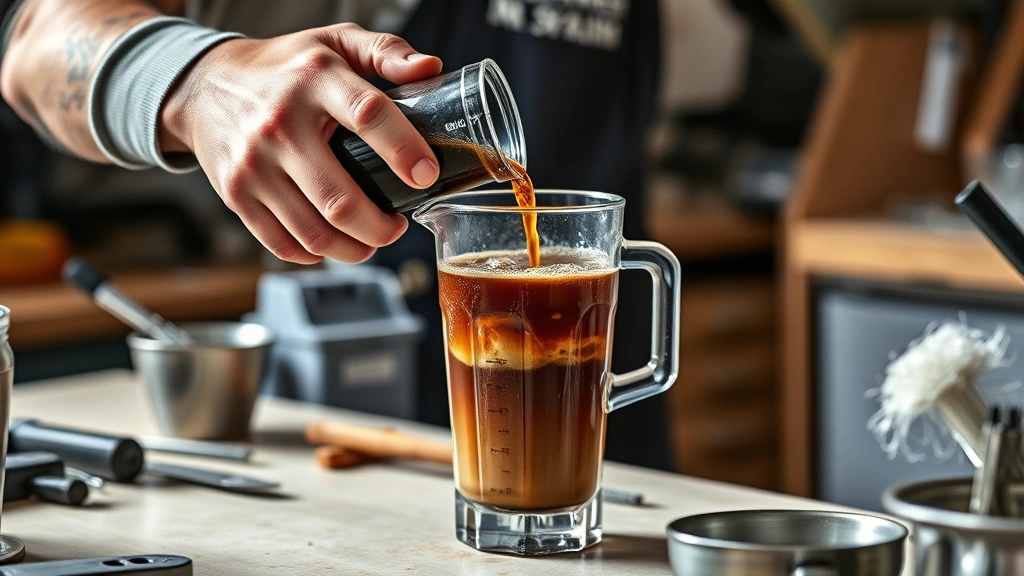 frappuccino recipe -
Photorealistic hands working showing someone pouring cold brewed coffee into a 
