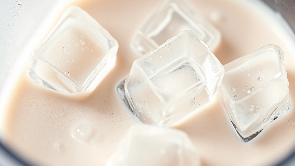 frappuccino recipe -
Photorealistic close-up macro photography showing ice cubes being blended into 