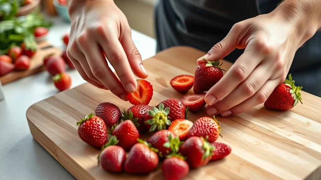 fresas con crema recipe -
photorealistic hands preparing fresh strawberries, cutting and hulling berries