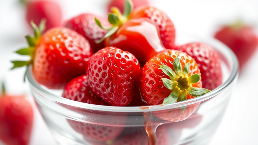 fresas con crema recipe -
photorealistic close-up macro shot of macerated strawberries with syrup, gliste