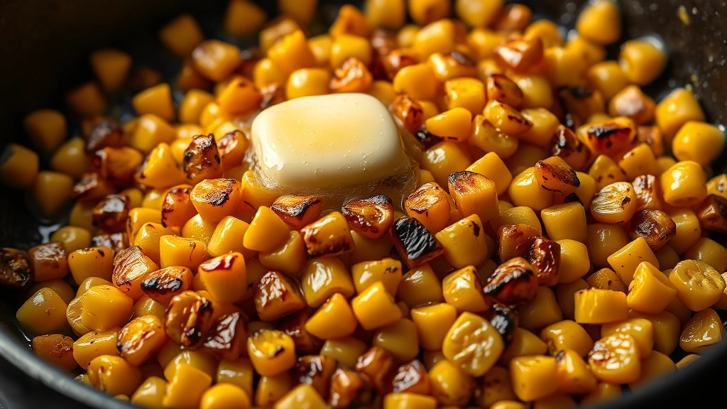 fresh corn recipes -
Photorealistic macro close-up of charred corn kernels in a cast-iron skillet wi