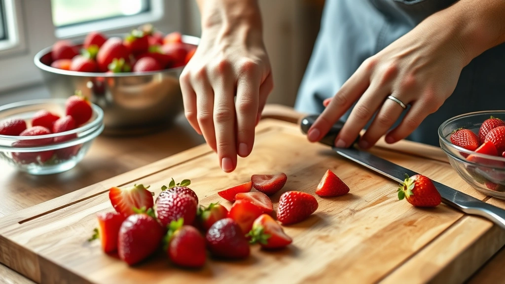fresh strawberry recipes -
photorealistic hands working, workshop setting, professional photography, no te