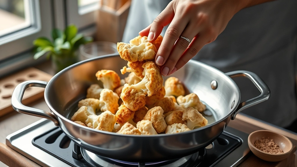 fried cauliflower recipe -
Photorealistic hands carefully placing breaded cauliflower florets into hot oil
